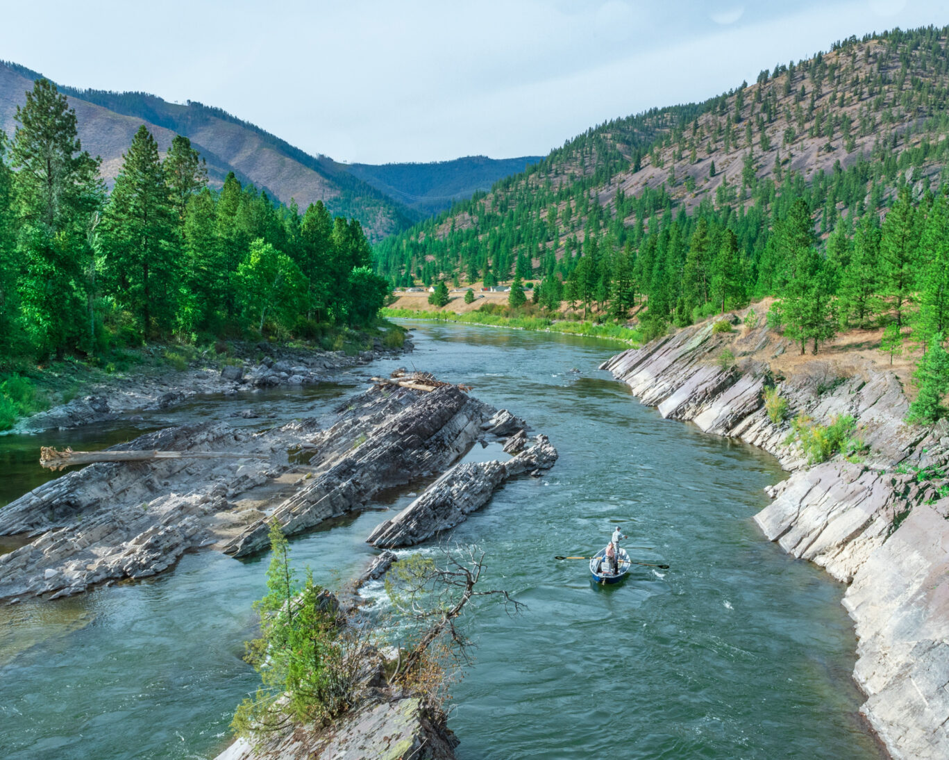Scenic view of Clark Fork River near Missoula, Montana with rafting