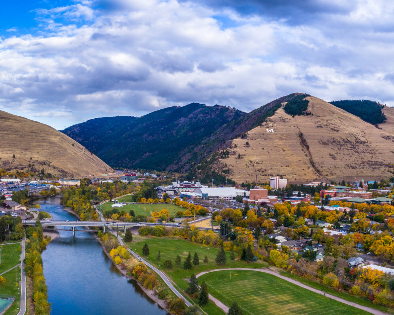 Aerial view of Missoula, Montana with the Clark Fork River and nearby hills