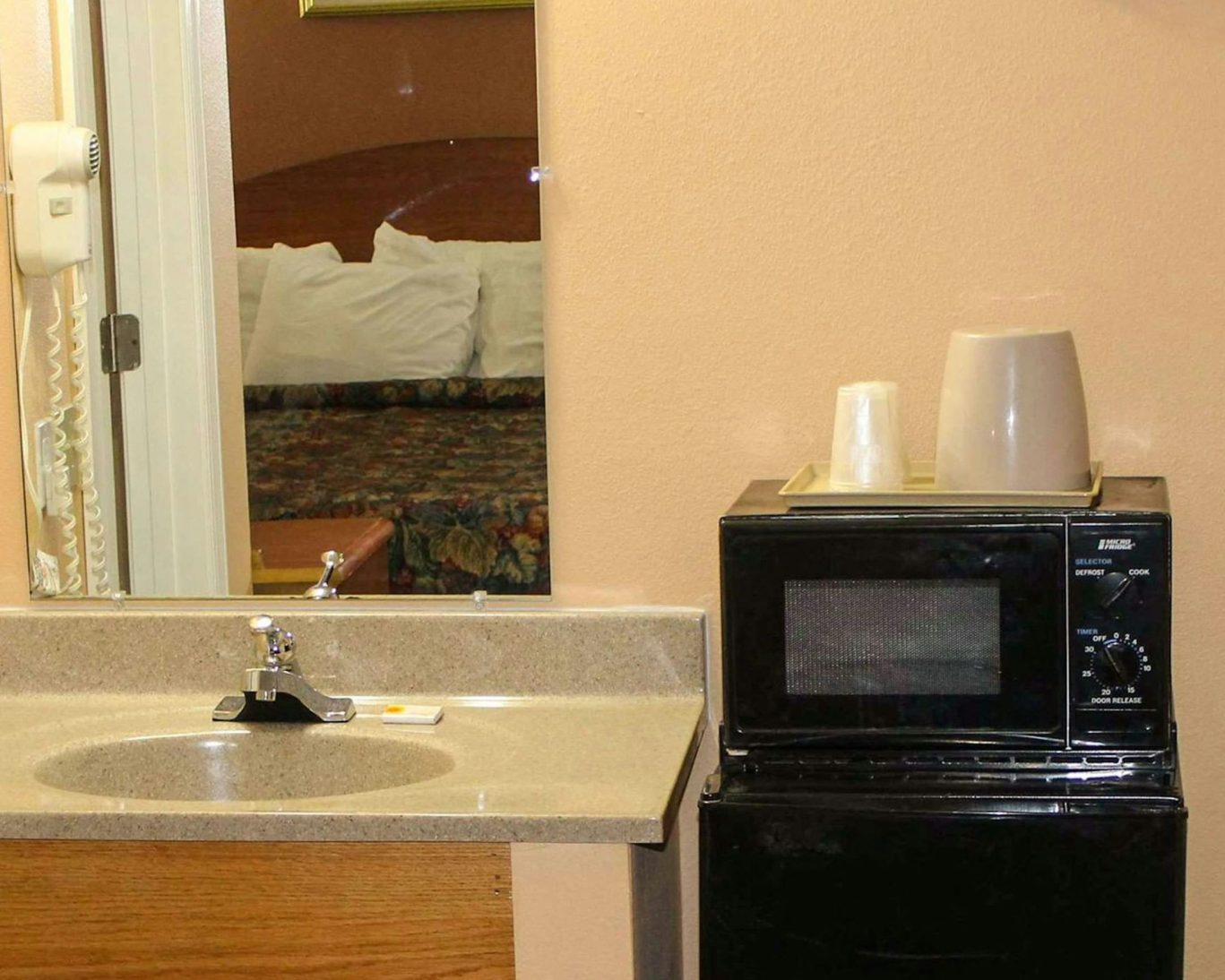 In-room microwave, mini fridge, and sink at Budget Inn Lynchburg Bedford