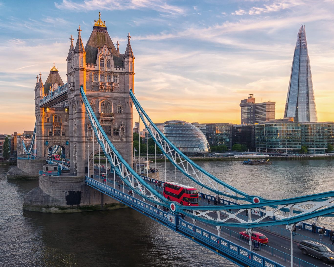 Tower Bridge and the Shard at sunset, overlooking the River Thames in London.