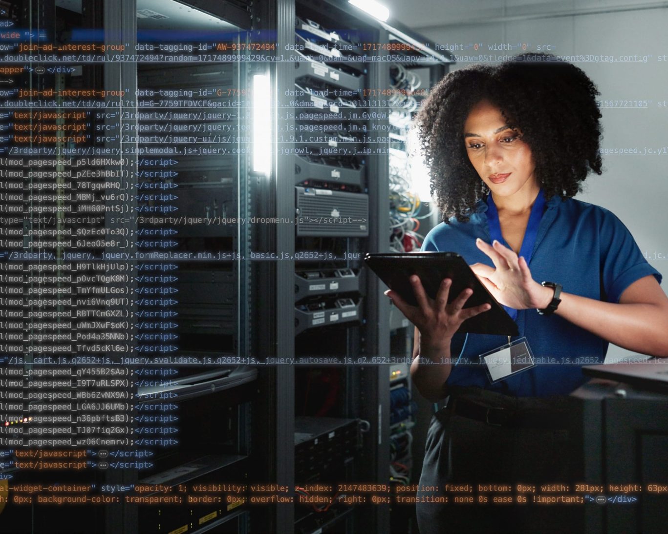 Female IT professional using tablet in data center at Stanford Research Park, Palo Alto.