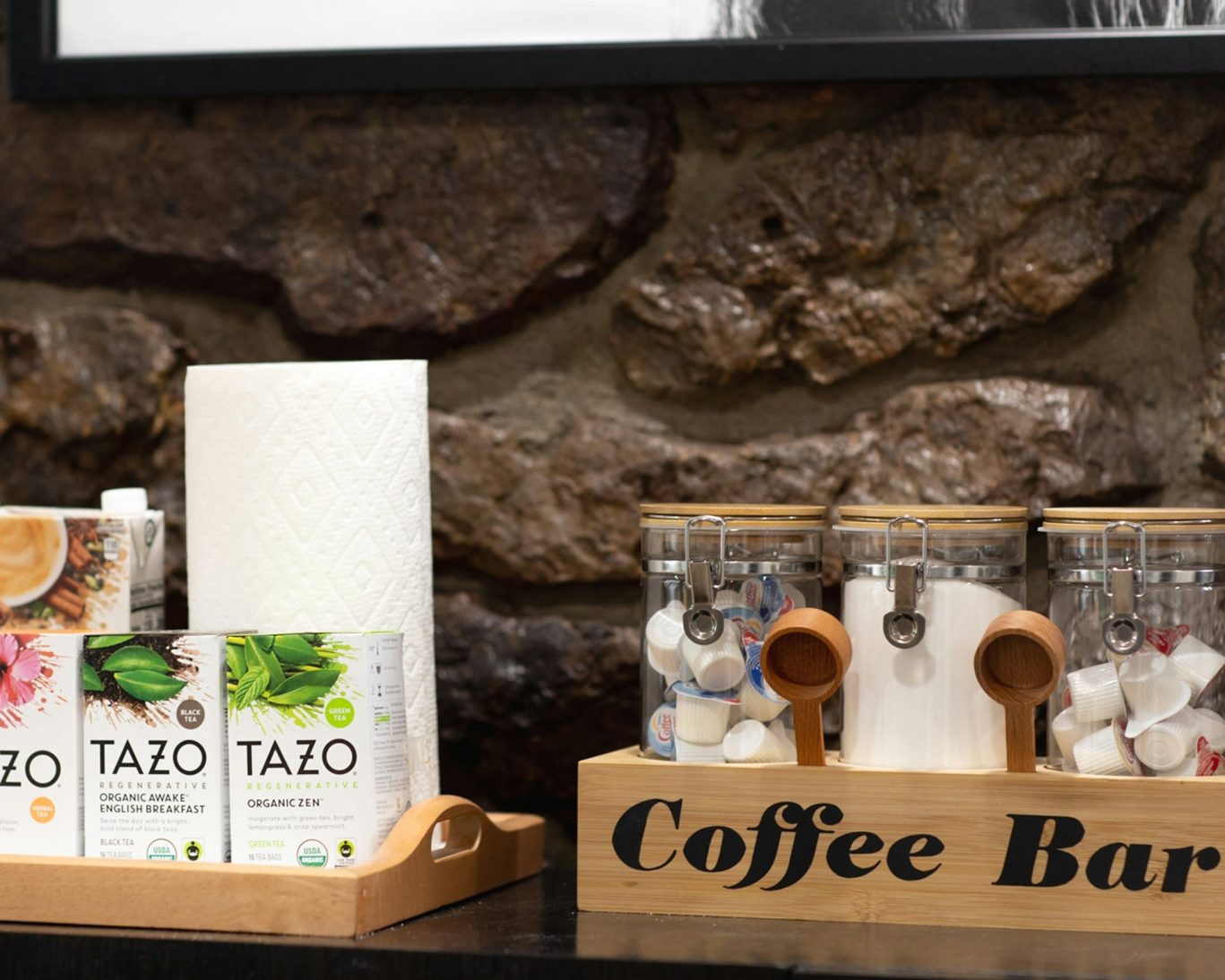 Modern Motel coffee and tea bar with Tazo selections and condiments.