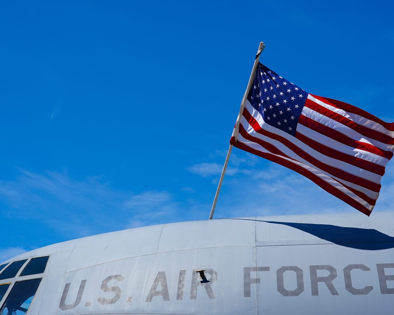 U.S. Air Force aircraft with American flag at Mountain Home Air Force Base in Idaho.