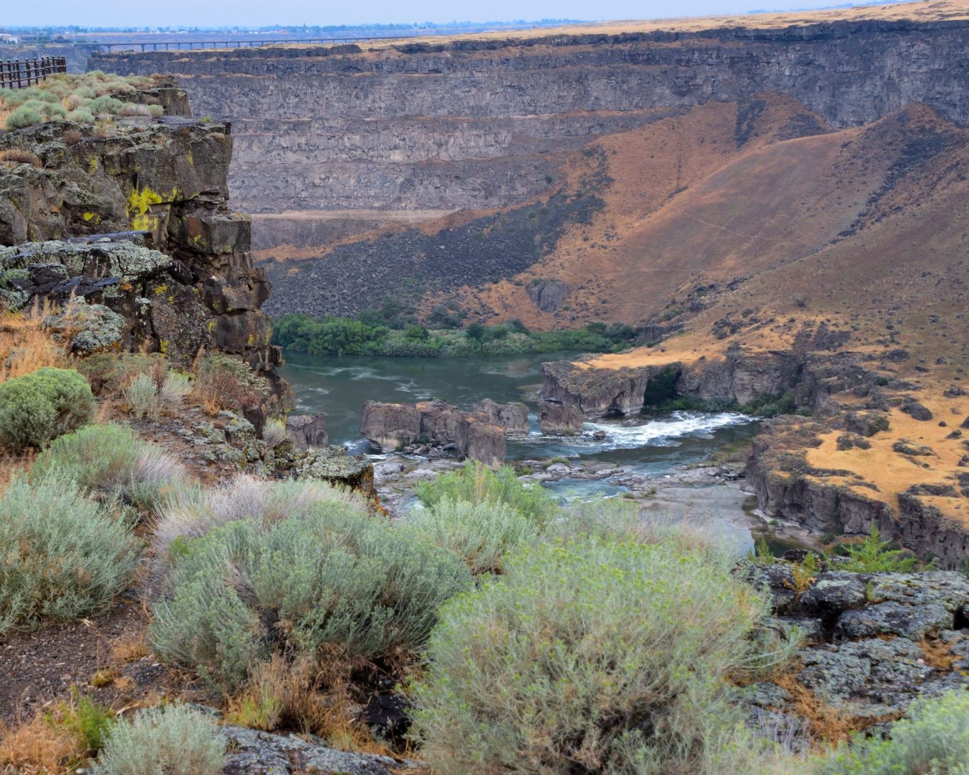 Dramatic landscape of Snake River Canyon with rocky cliffs and river view near Mountain Home, Idaho.