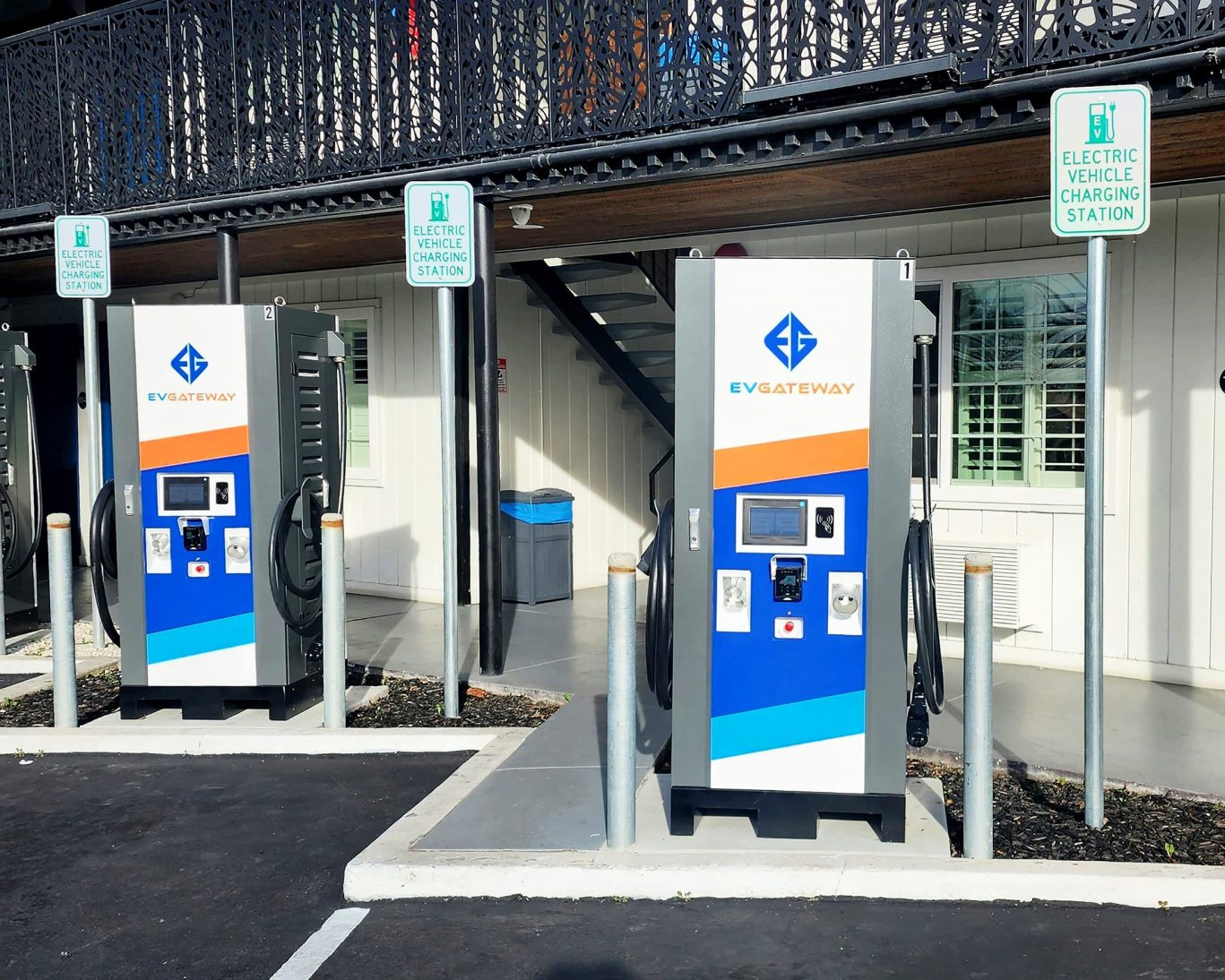 Electric vehicle charging stations by EV Gateway outside Wafer 450 Hotel in San Jose.