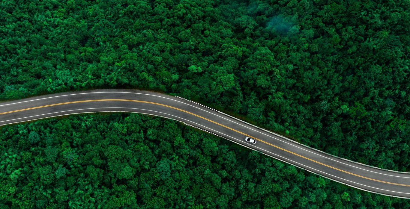 Aerial view of a white electric car driving along a winding road through dense green forest.
